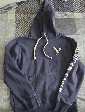 American Eagle Outfitters Navy Pullover Hoodie with White Logo